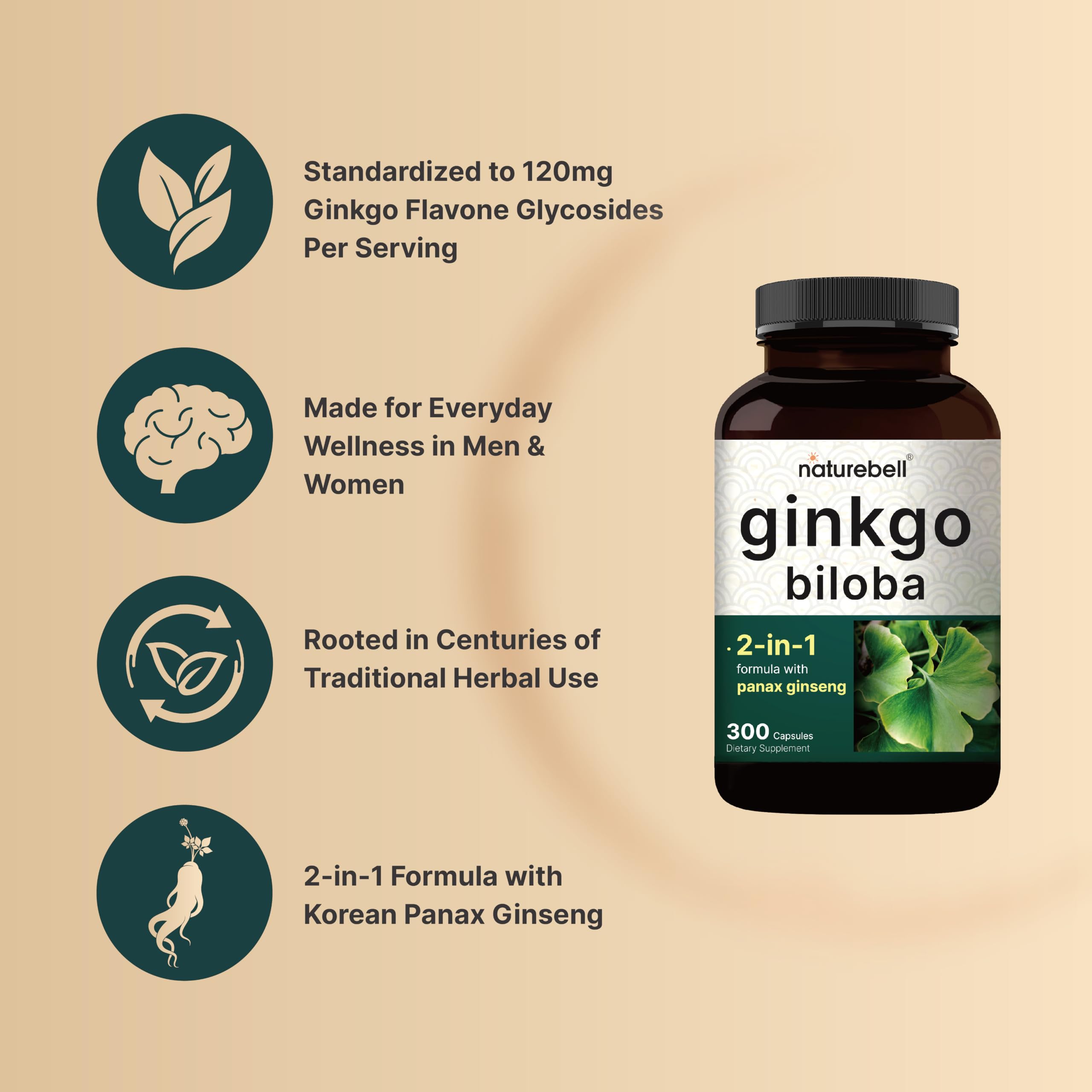 NatureBell Ginkgo Biloba with Panax Ginseng 300 Capsules – Max Strength Ginko Biloba Extract Supplements - Promotes Memory, Focus, and Brain Health* — Amazon image 3