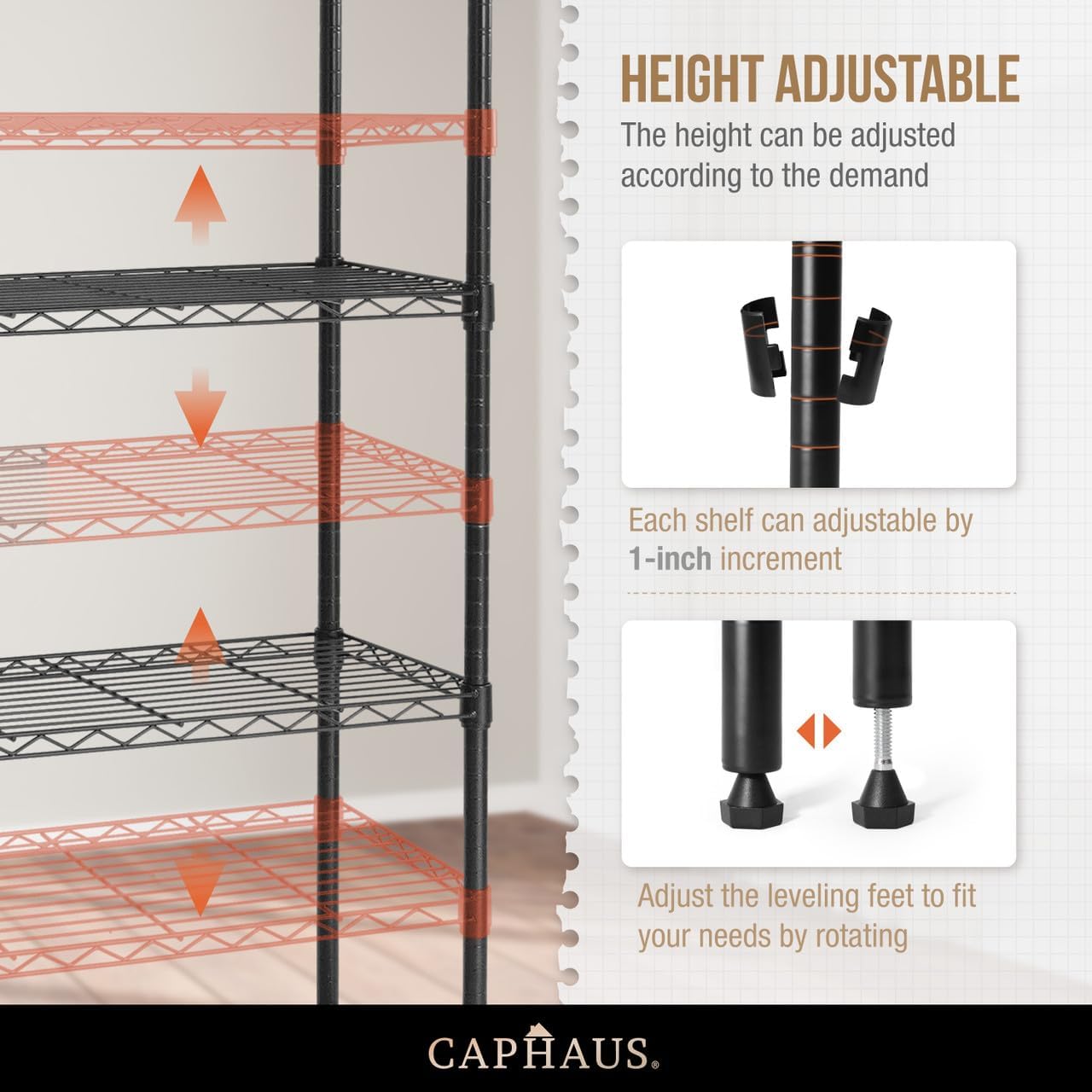 Diagram showing adjustable shelf height and leveling feet adjustment.