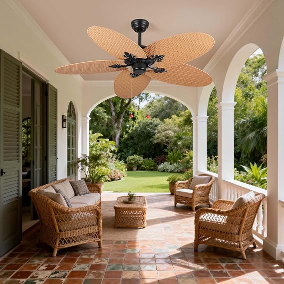 52 Palm Leaf Ceiling Fans with 5 Blades, Indoor/Outdoor Tropical Ceiling Fan No Light with Remote and Pull Chain Control for Patios and Bedrooms (Acacia Wood)