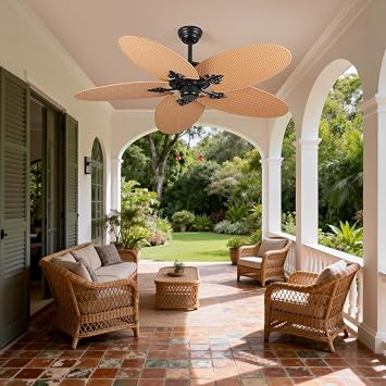 52 Palm Leaf Ceiling Fans with 5 Blades, Indoor/Outdoor Tropical Ceiling Fan No Light with Remote and Pull Chain Control for Patios and Bedrooms (Acacia Wood)