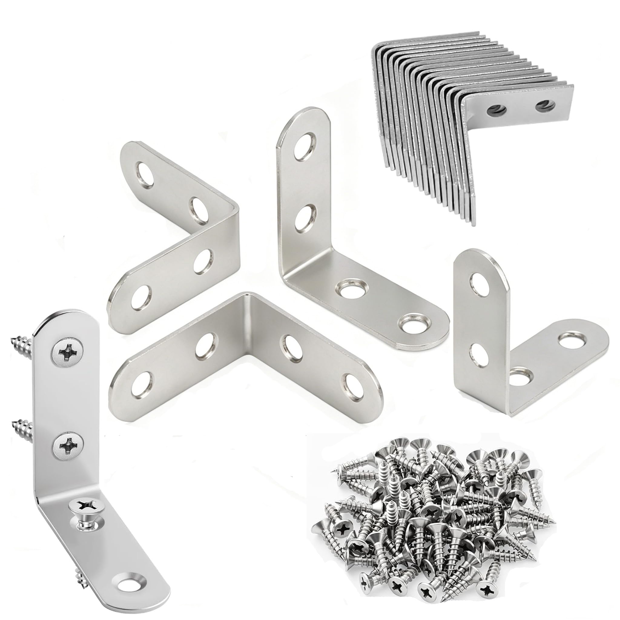 Papryn 16 Pcs Angle Brackets Set Stainless Steel Corner Braces with Screws for Wood Shelves Cabinets Frames and Furniture Small Right Angle Support Brackets for Reinforcement Repair and DIY Projects