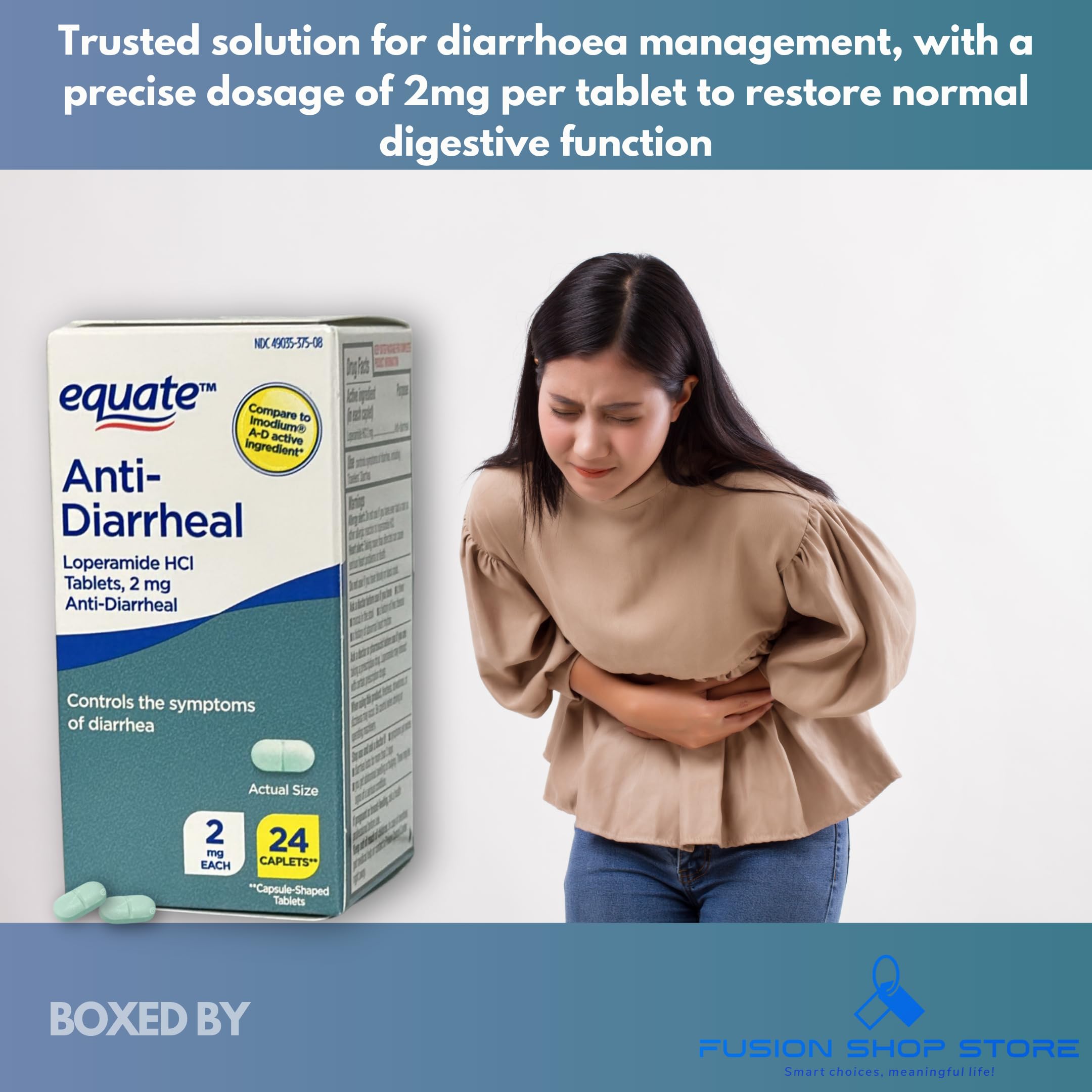 Loperamide for Diarrhea 2 mg- Active Ingredient Hydrochloride 2 mg 24 Caplets (Pack of 1), Boxed by Fusion Shop Store — Amazon image 4