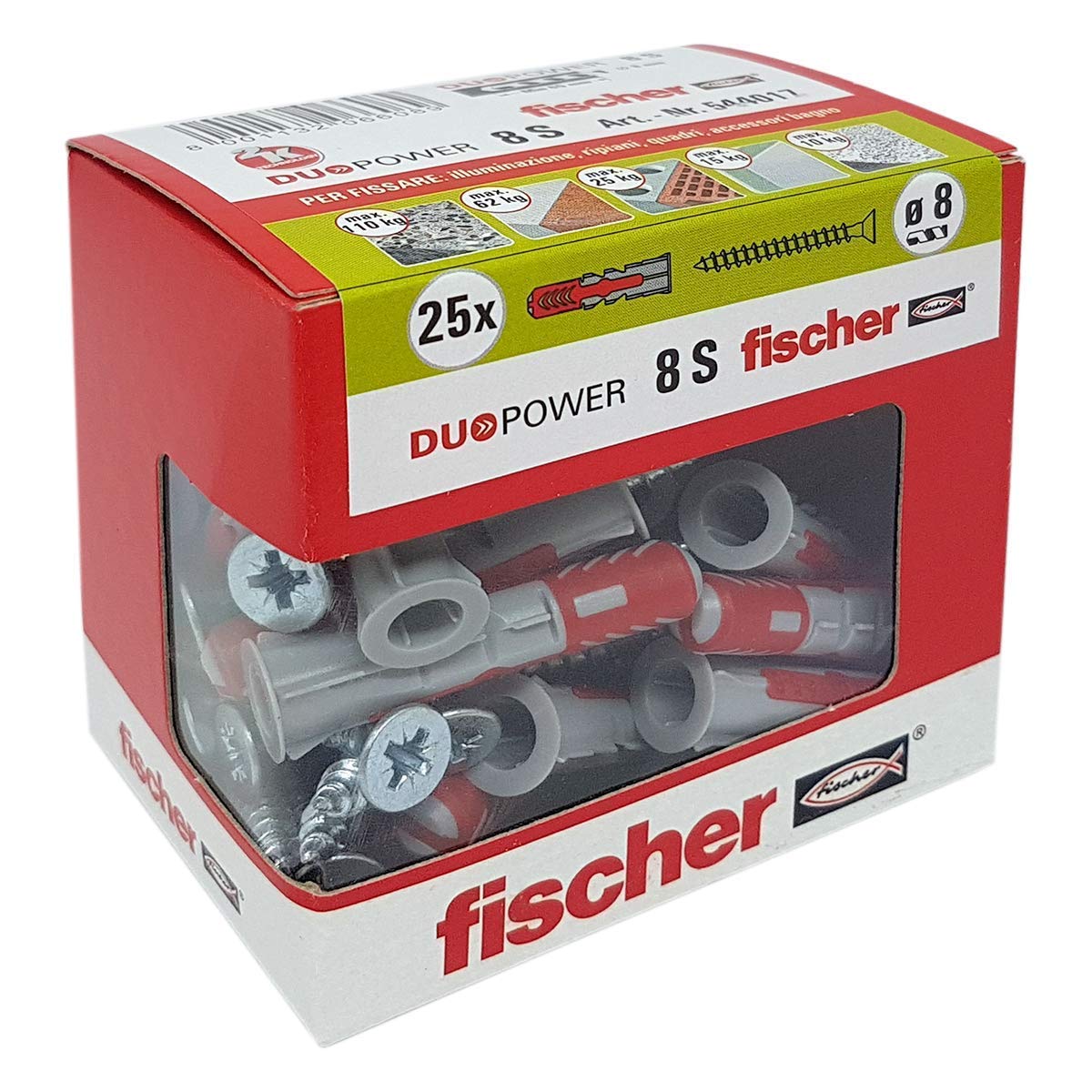 Fischer 508697 Kit di Fissaggio carichi Pesanti T-Bond Ancorante Chimico con Barre Filettate e Tasselli a Rete, Resina & 25 Tasselli Duopower con Vite, 8 x 40 mm, per Muro pieno, Mattone Forato