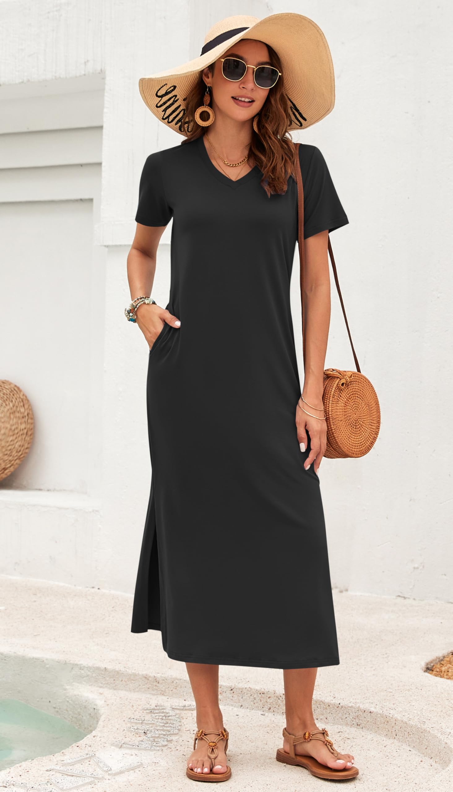 AUSELILY Maxi Vestidos Largos Sueltos De Manga Corta con Bolsillos para Muje Casual Estampado Floral Vestidos Playeros con Bolsillos