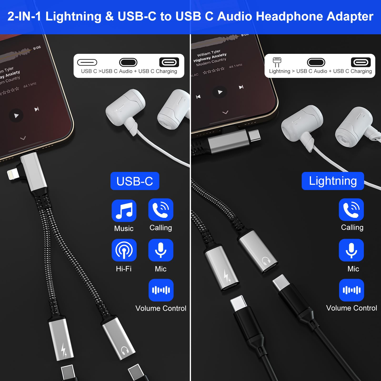 Dual USB C Kopfhörer und Ladegerät, 2 in 2 Typ C und Lightning Splitter mit PD 60W Ladegerät, Dual USB C Splitter Audio und Aufladen für iPhone 16 15 14 13, Galaxy, iPad, Unterstützung Anrufe