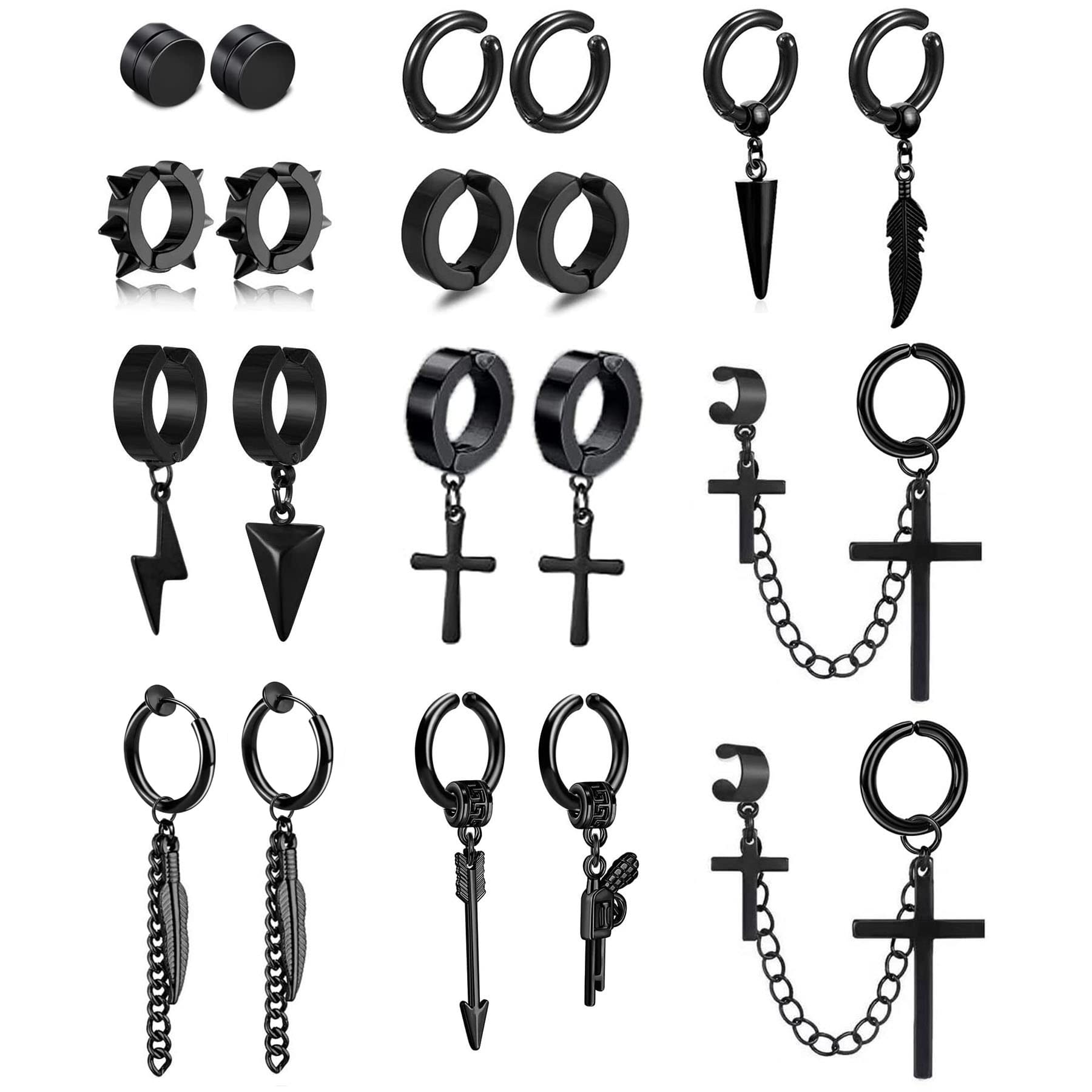 DALLZOMA 20 Piezas Pendientes Hombre Pendientes Magnéticos de Acero Inoxidable Pendientes Clip Cruz Plumas Kpop Pendientes Negro Falsos Pendientes Para Hombres Mujeres
