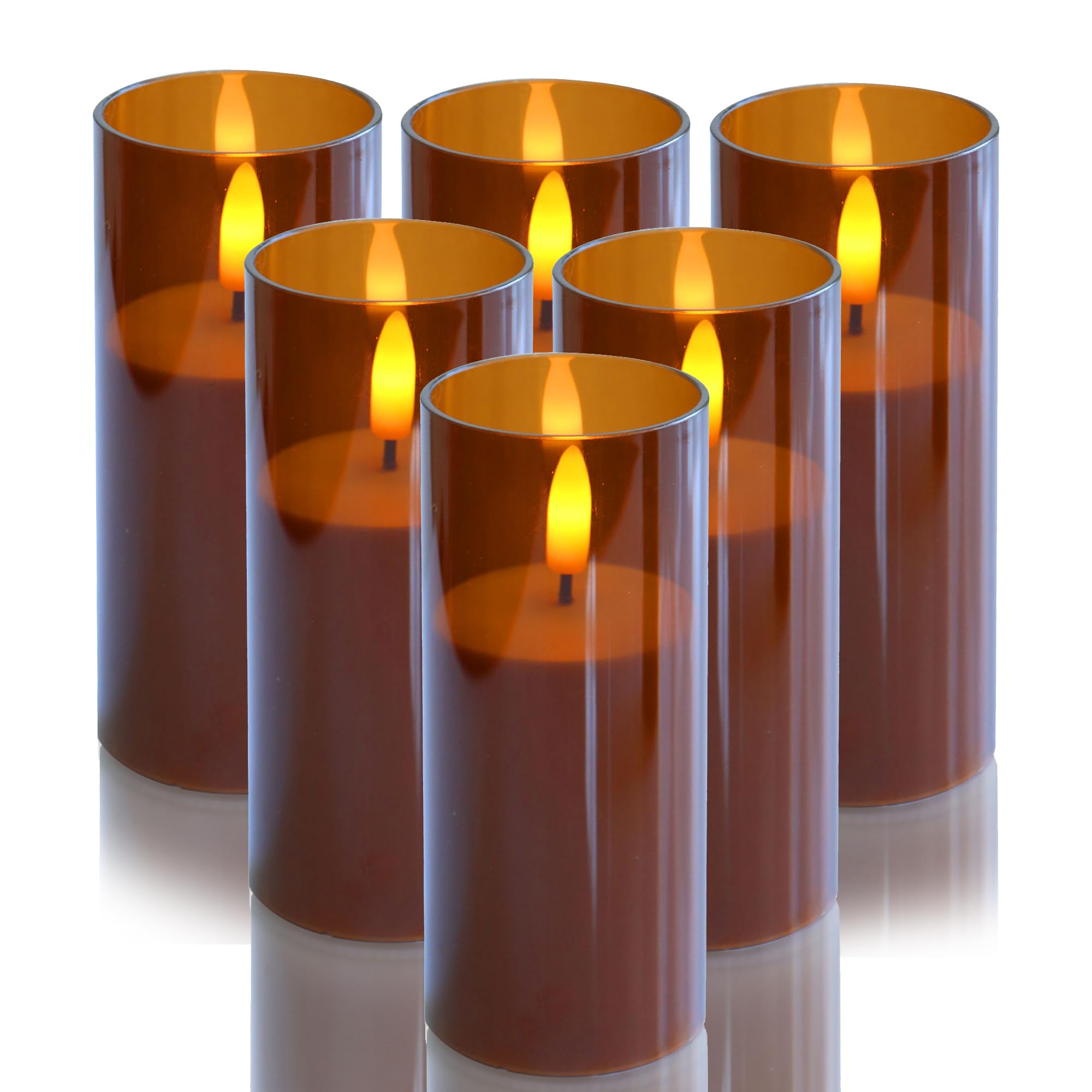 Indoor Outdoor Flameless Candles with Timer Waterproof Realistic Flickering Battery Operated Pillar LED Lights with Acrylic Shell Wedding Party Christmas Decorations 6 Pack 2”x5” Brown