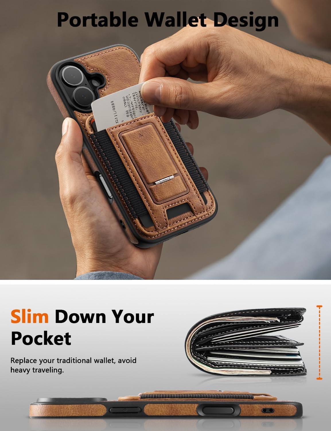 for iPhone 17 Leather Case, Wallet Case with Card Holder (3 Cards) & Kickstand, Slim Protective Cover with Stand for iPhone 17 6.3"，Brown