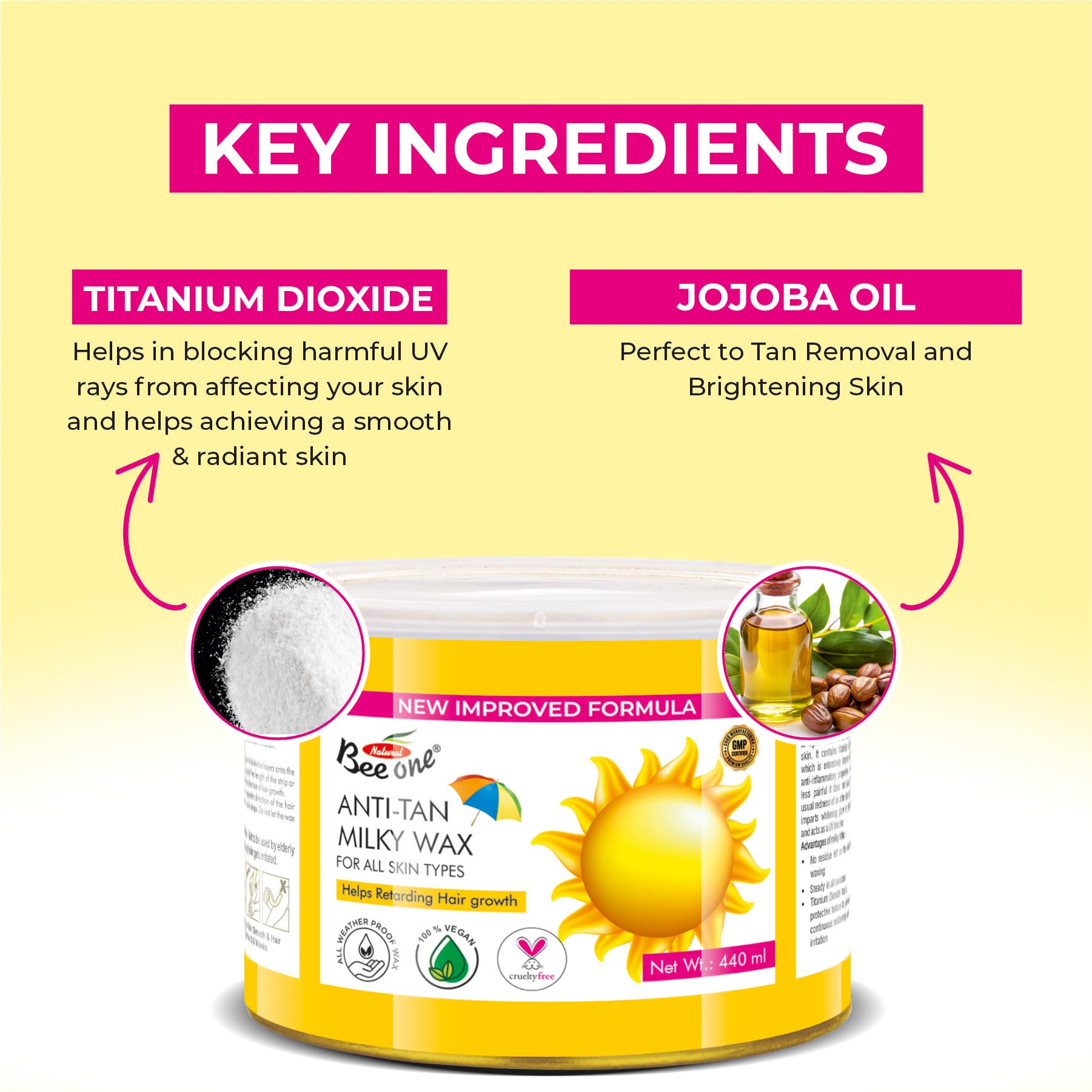 BEE ONE Anti Tan Milky Wax, 440g for Painless Hair Removal and Smooth Silky Soft Skin 1