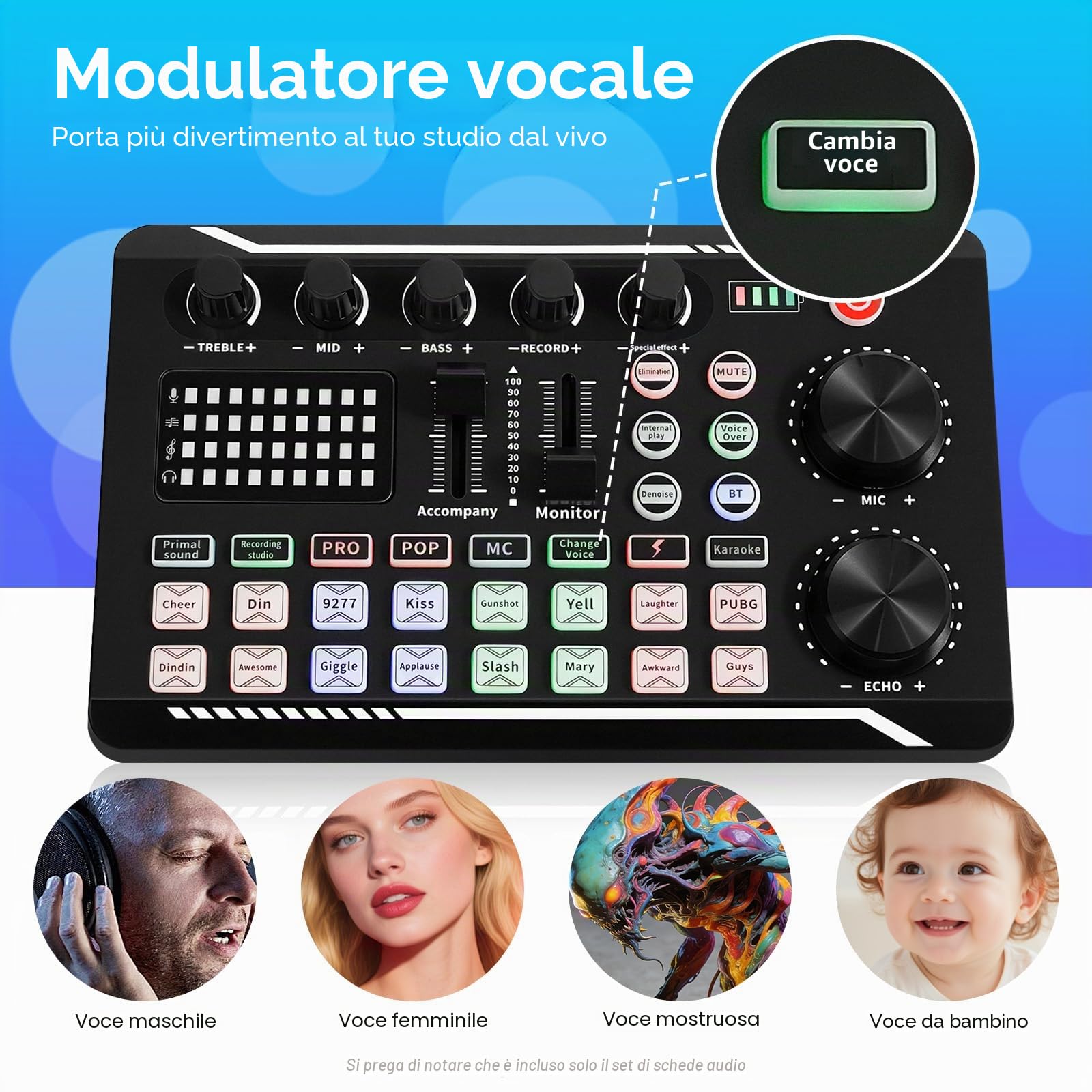 F998 - Mixer audio professionale Bluetooth, interfaccia audio, scheda audio, mixer DJ con diversi effetti sonori e luce LED, scheda per effetti sonori per live streaming, PC, gaming 19 * 11,8 cm
