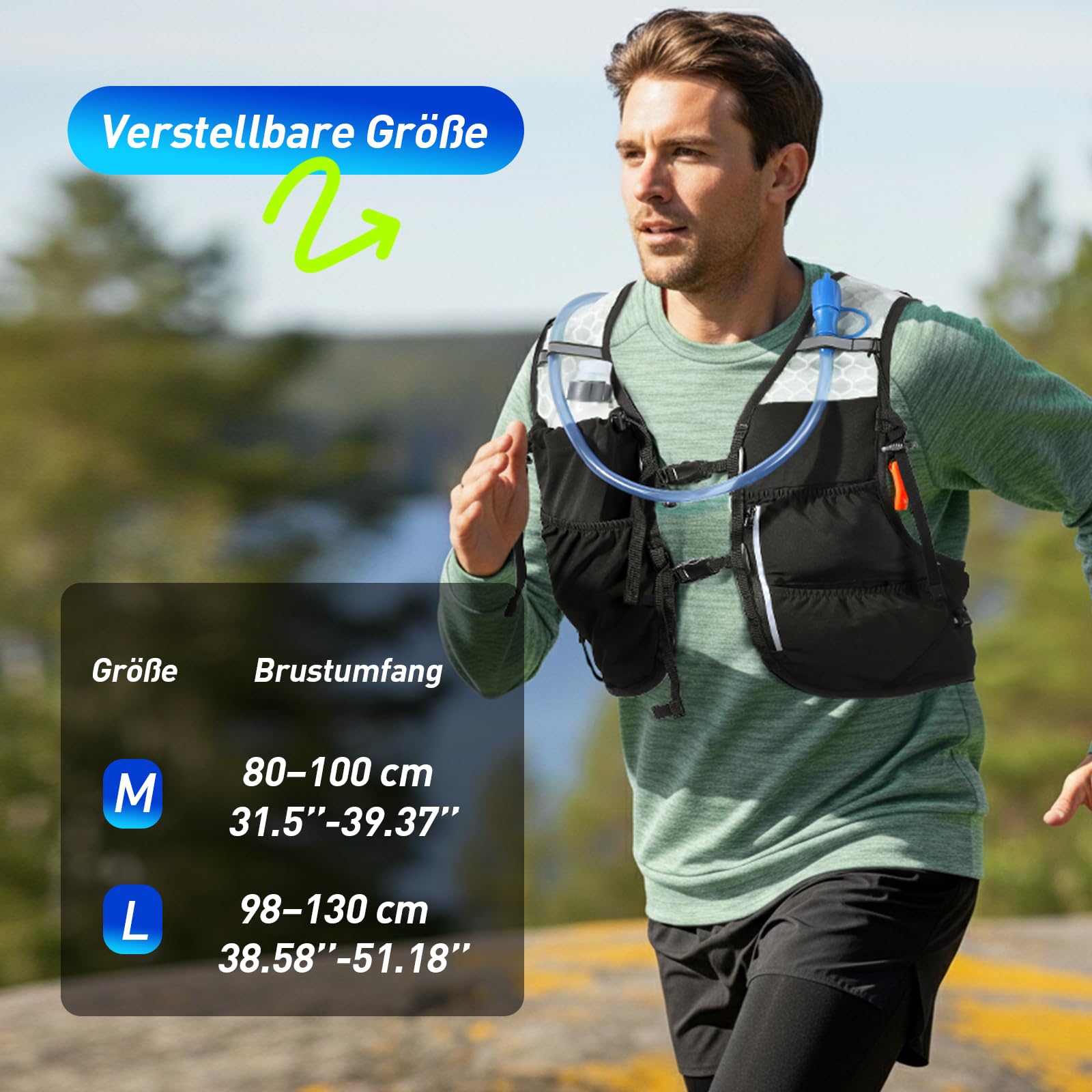 AGPTEK Laufweste für Damen & Herren, Verstellbare Brustgurte Laufrucksack, Leicht Trinkweste mit 2L Trinkflasche, Laufweste reflektierend für Jogging, Trailrunning, Fahrrad, Marathon, Schwarz (M)