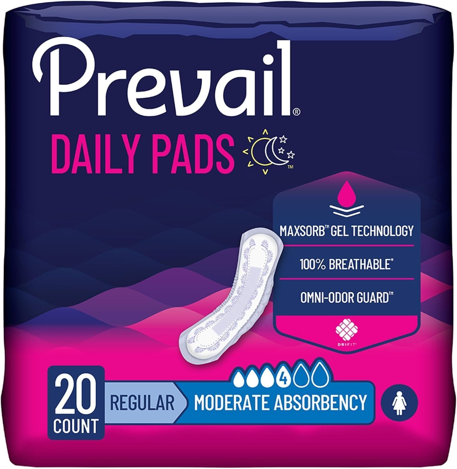 Daily Pads Bladder Control Pad 9-1/4 Inch Length Moderate Absorbency Polymer One Size Fits Most Female Disposable, BC-012 - Pack of 20