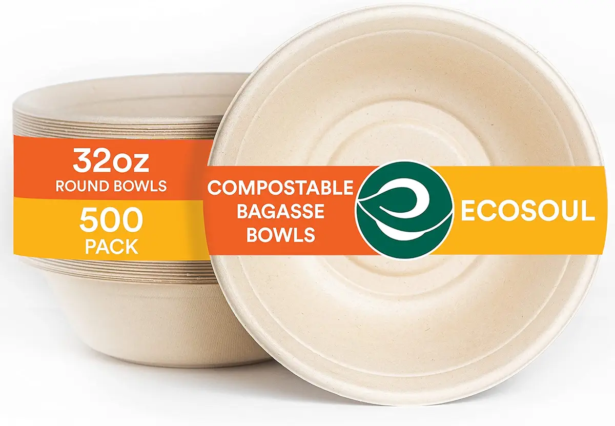 Ecosoul 100% Compostable 32 Oz Soup Bowls [500-Pack] Disposable dinner bowls I Heavy duty paper bowl I Eco-friendly salad bowl I Biodegradable large Bowls