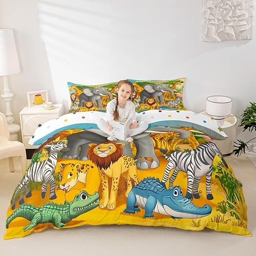 Funda de edredón de animales de safari, tamaño Queen, funda de edredón de jirafa, lémur, rinoceronte, león, juego de ropa de cama para niños y