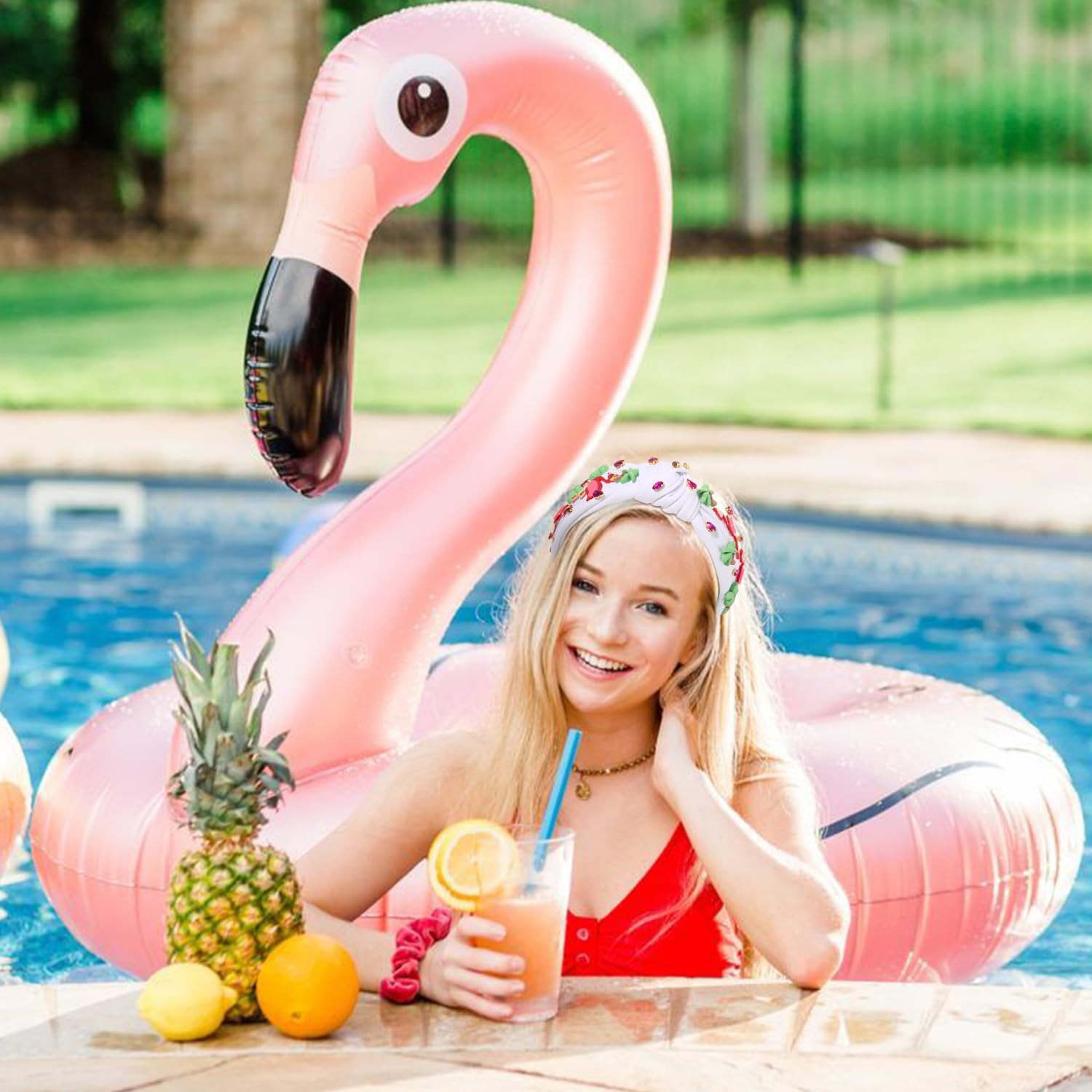 mokkia Flamingo Headbands for Women Summer Beach Tropical Palm Tree Headband Boho Hawaiian Hairbands Pink Crystal Top Knot Hairband Summer Accessories Beach Vacation Outfits (Flamingo A) - Image 2