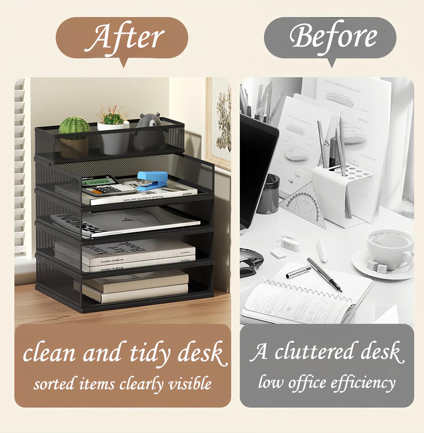 2/3/4-Tier Desk Organizer,Stackable Paper Tray,Metal Mesh Desktop Organizer, Paper Sorter, Letter Trays,File Document Storage Rack for for Home, Office, School, Black/White (2-Tier, Black)