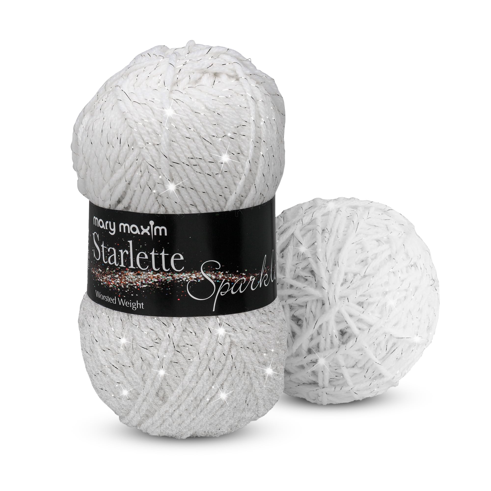 Mary Maxim Starlette Sparkle Yarn, 4 Medium Worsted Weight White Yarn for Knitting and Crocheting, Acrylic Polyester Blend for Blankets, Clothing, and Decor, 196 Yards - White Silver