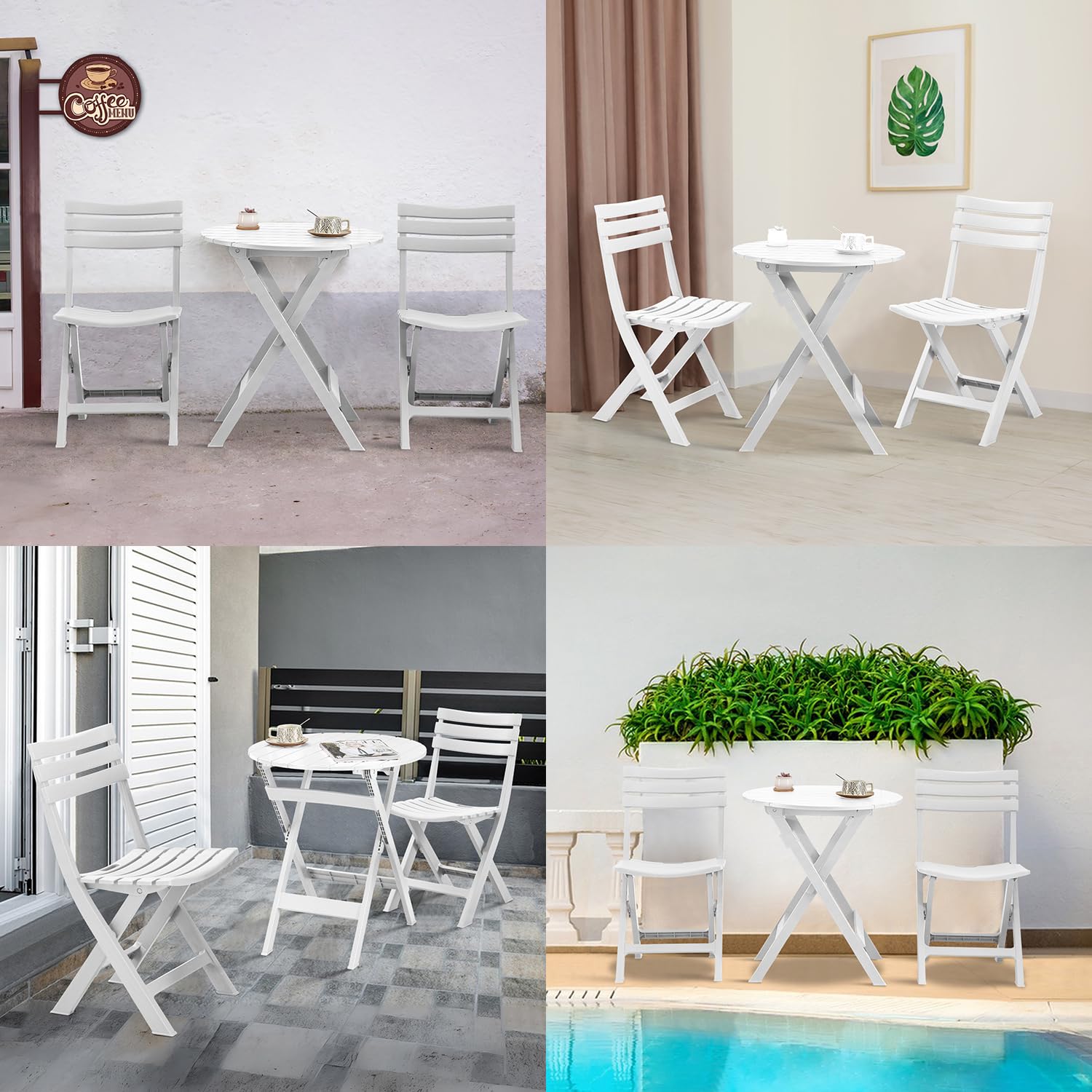 KAIHAOWIN Set da bistrot pieghevole per esterni, tavolo e sedie per 2 piccoli mobili, 3 pezzi, veranda, cortile, balcone, giardino, patio, bianco