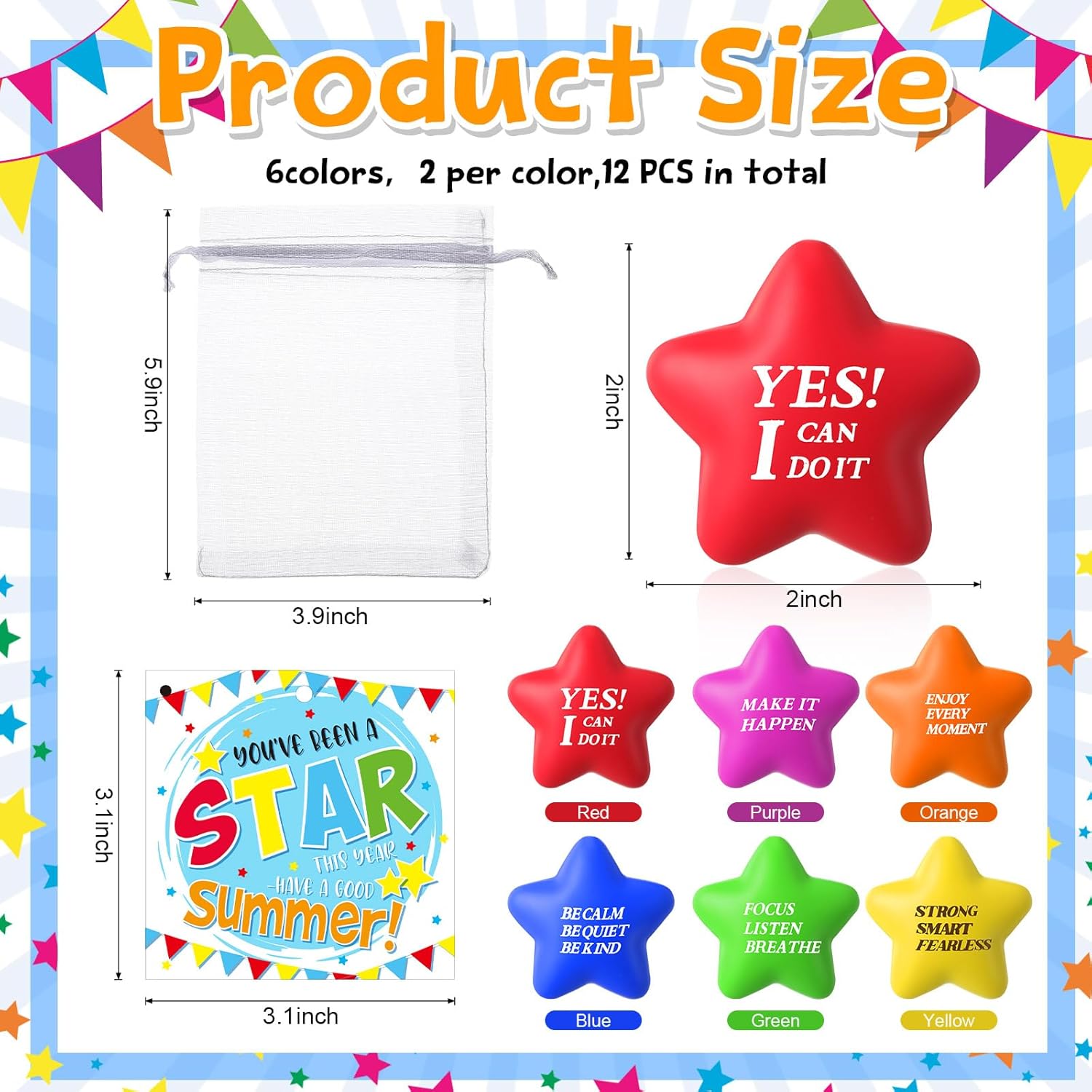 Silkfly 24 Sets End of Year Gifts for Students Star Stress Ball from Teacher for Kisd Motivational Quotes Foam Stress Balls with Cards for Anxiety Fidget Party Favors Supply Prizes Gift