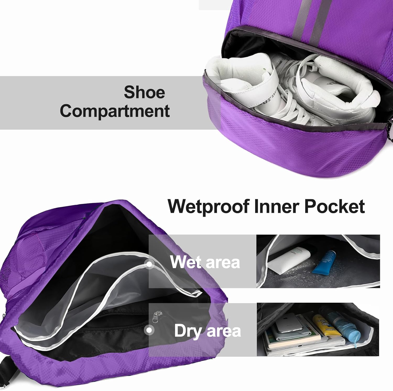 Hoedia Sports Drawstring Backpack - String Swim Gym Bag with Shoes Compartment and Wet Proof Pocket for Women/Men (Purple) - Image 2