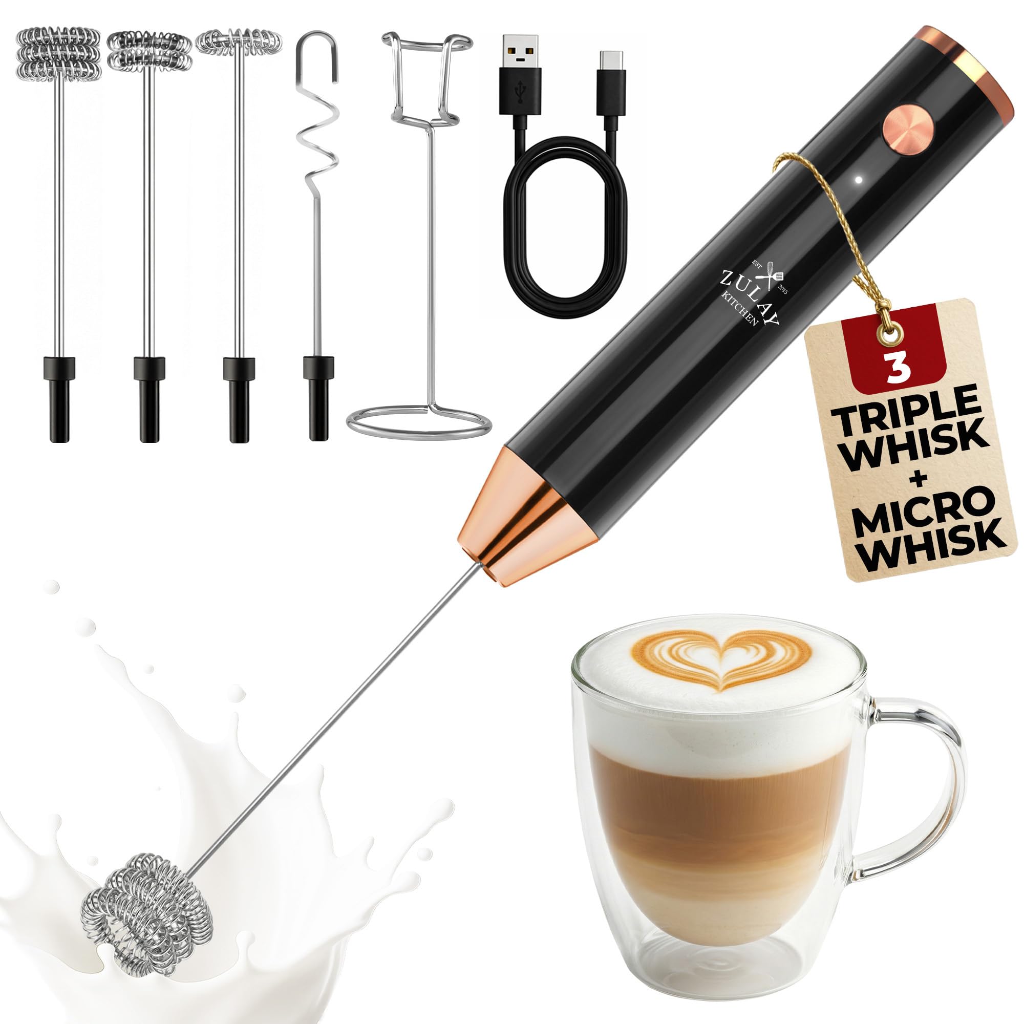 Zulay Kitchen Rechargeable Milk Frother Handheld - Frother Wand, Drink Mixer, Electric Whisk Frother, for Cappuccinos, Matcha &amp; Protein Powder - Lux 4 Whisk 2 Speed Waterproof 2000mAh Black Copper