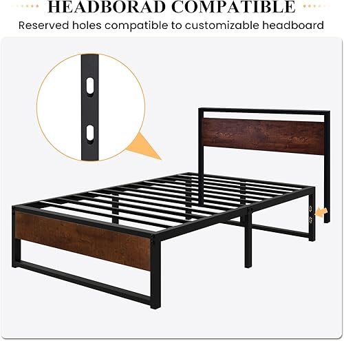 Miniatura 5 de SHA CERLIN Marco de cama de plataforma de metal de tamaño individual de 14 pulgadas con madera rústica y agujeros inversos/amplio espacio de