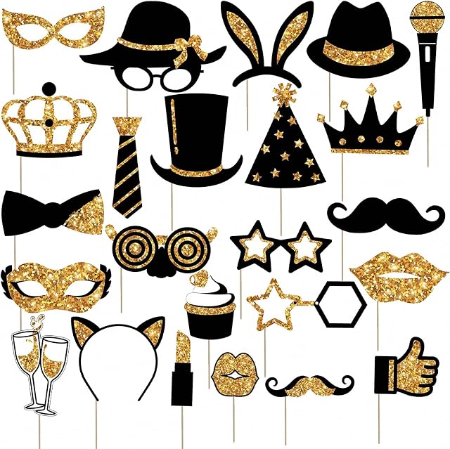 24pcs Golden Photo Booth Props,Party Props,Photo Props,Photo Booth Props Birthday,Wedding Photo Booth Props,Hen Party Photo Booth Props,Birthday Props with Wine Glass, Lipstick, Tie, Crowns