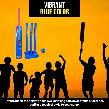 Plastic Cricket Set Size 6 - Blue Color | Backyard and Beach Set for Adults and Kids | Includes Bat, Wind Ball, Stumps, and Non-Striker Stump with Plastic Base