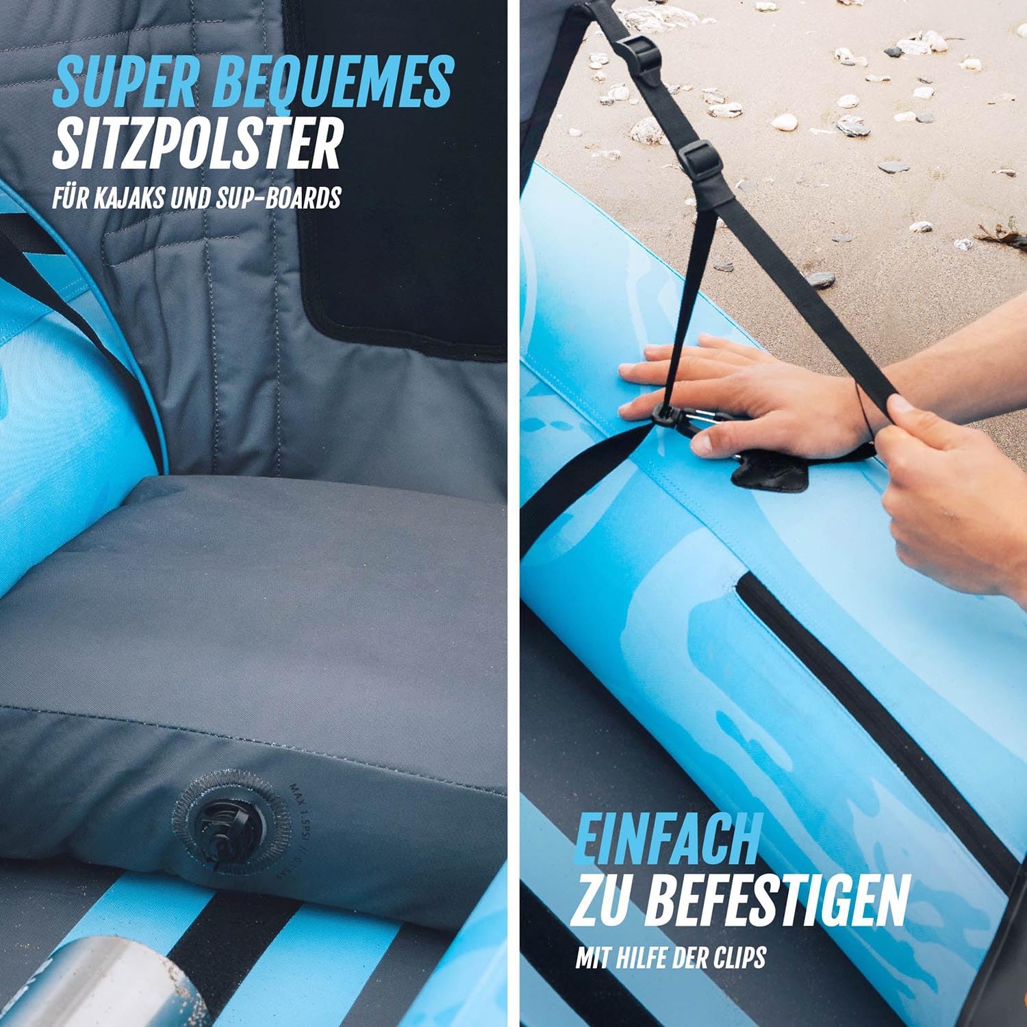 Bluefin SUP & Kajak-Sitz | Aufblasbares Sitzpolster, Netz-Tasche | Verstellbare Riemen, rostfreie Clips | Verstärkte Stützstangen | Leichter Quick-Dry-Sitz | Grau