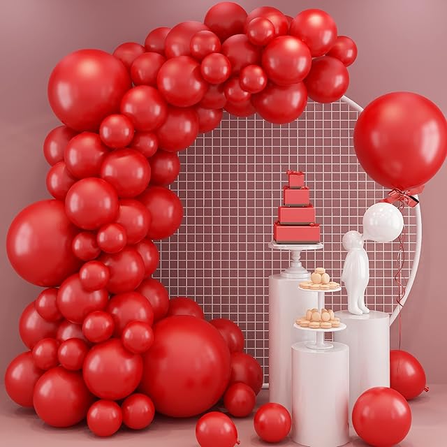 Red Balloon Arch Kit, Retro Red Balloons Garland, 5 10 12 18 Inch Dark Red Latex Balloons with Garland Strip, Matte Red Party Balloons for Wedding Baby Shower Birthday Graduation Decoration