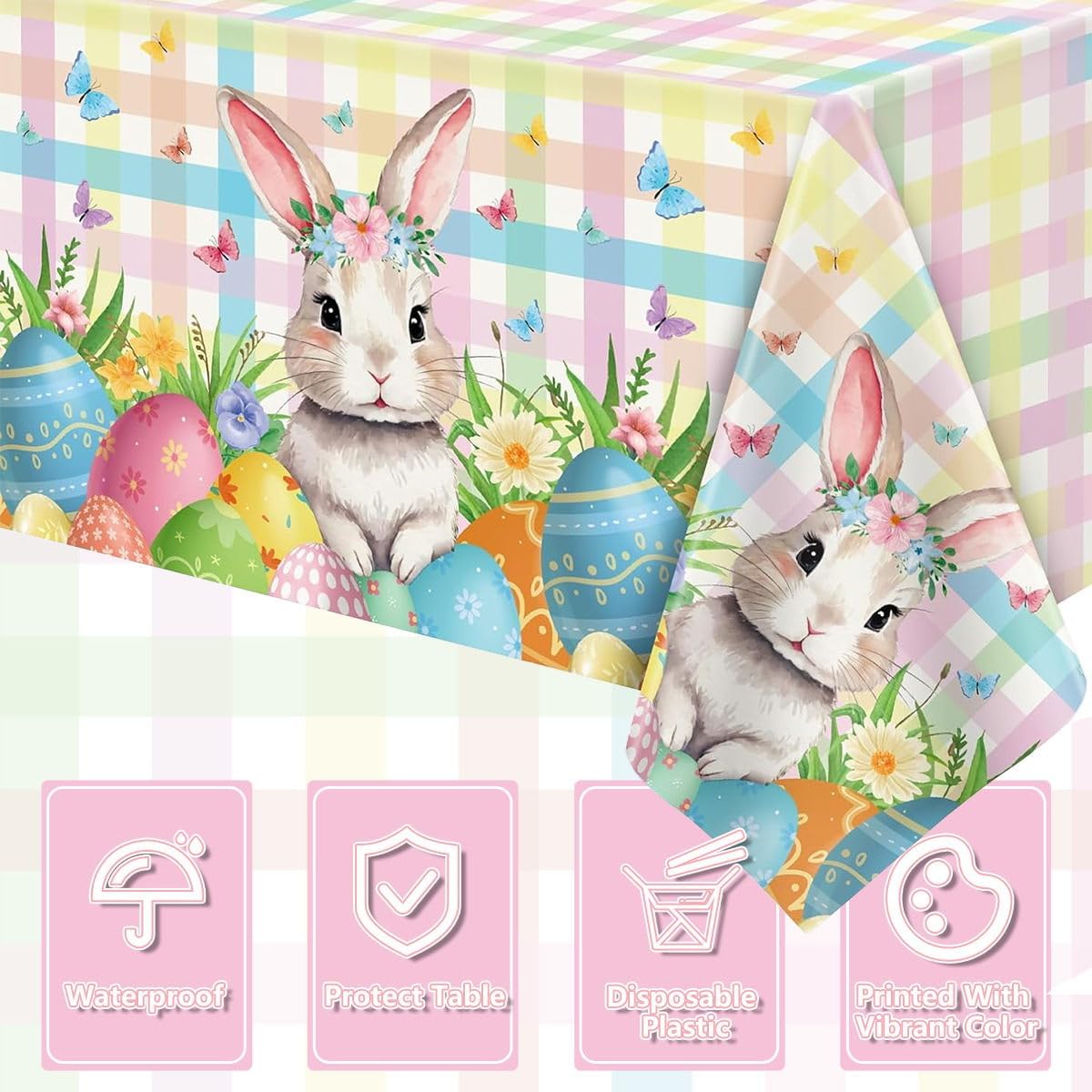 4PCS Easter Party Pack Bunny Tablecloth Spring Flowers Rabbit Party Decor Buffalo Plaid Checkered Banner Table Covers for Spring Easter Eggs Birthday Bachelorette Engagement Theme Picnic Party