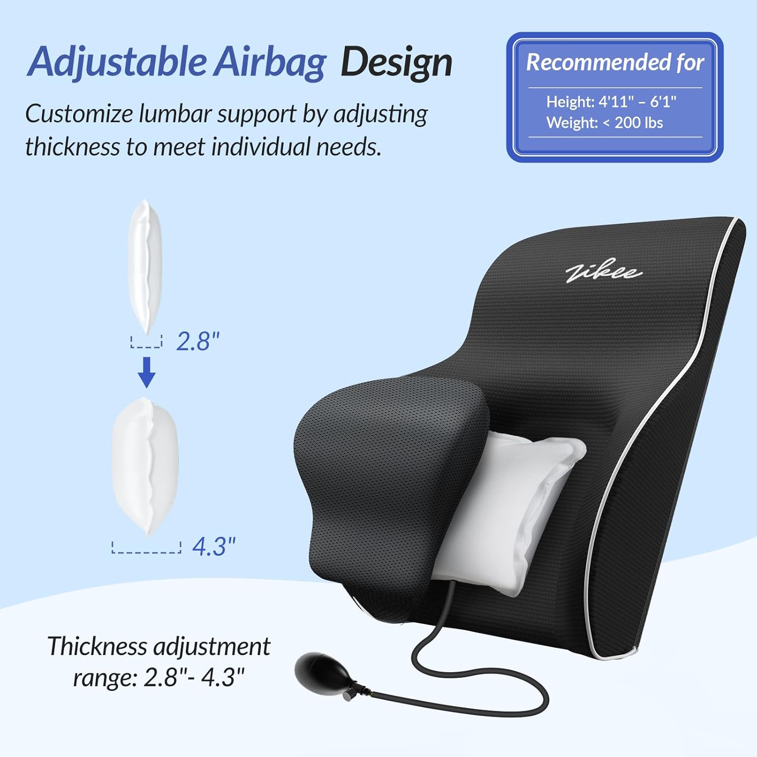 ZIKEE Adjustable Airbag Lumbar Support Pillow Provides Comfortable Support Back Pain Relief and Improves Posture, Ergonomic Memory Foam Back Support Pillow for Office Chair, Car, Home