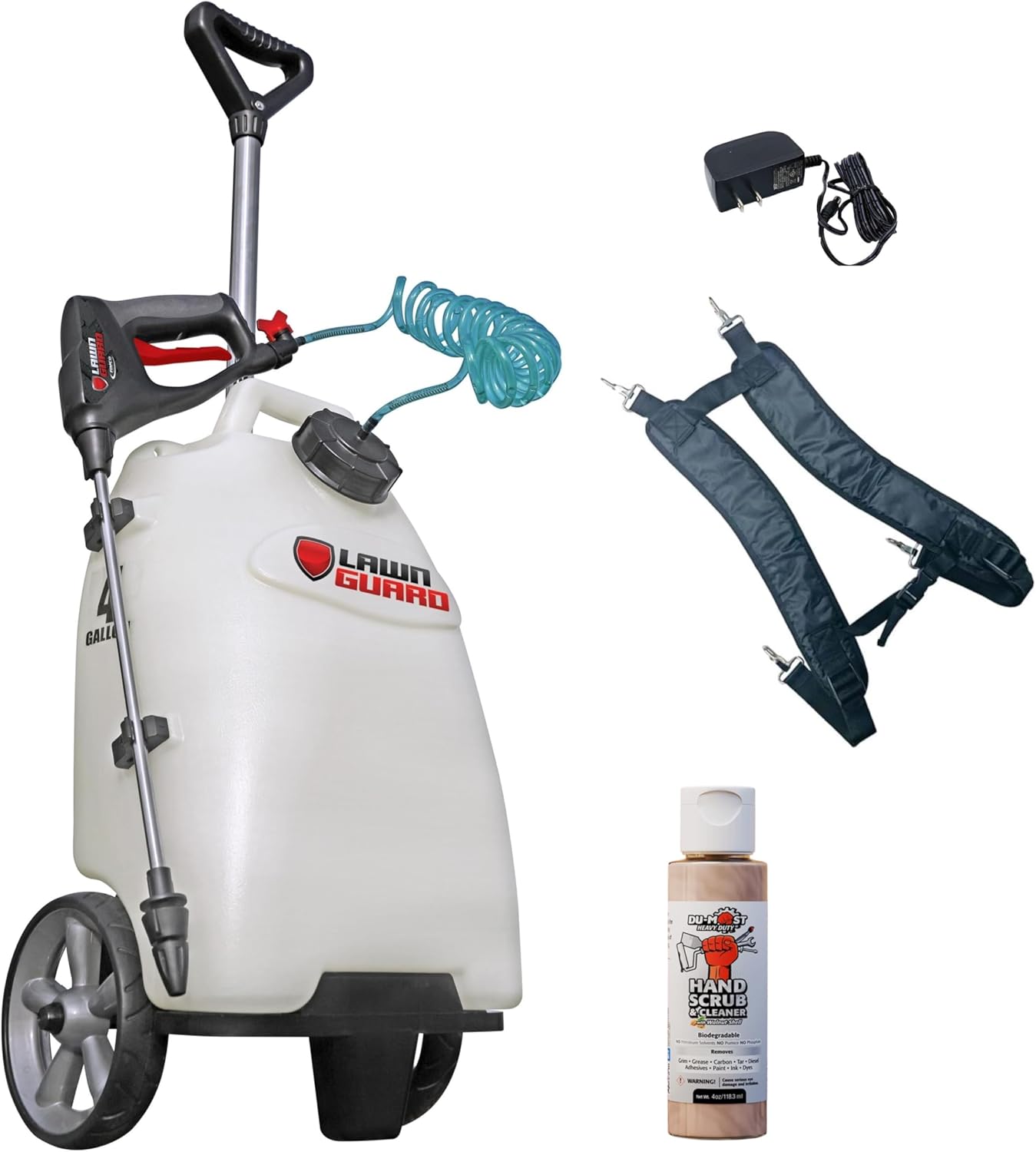 DU-MOST Fimco 5303079 Lawn Guard Multi Use Battery Powered Spot Sprayer for Small Scale Pest Control, 4 Gallon Molded Polymer Tank, 0.2 GPM Diaphragm Pump Hand Gun, Charger, Walnut Hand Scrub, 4oz