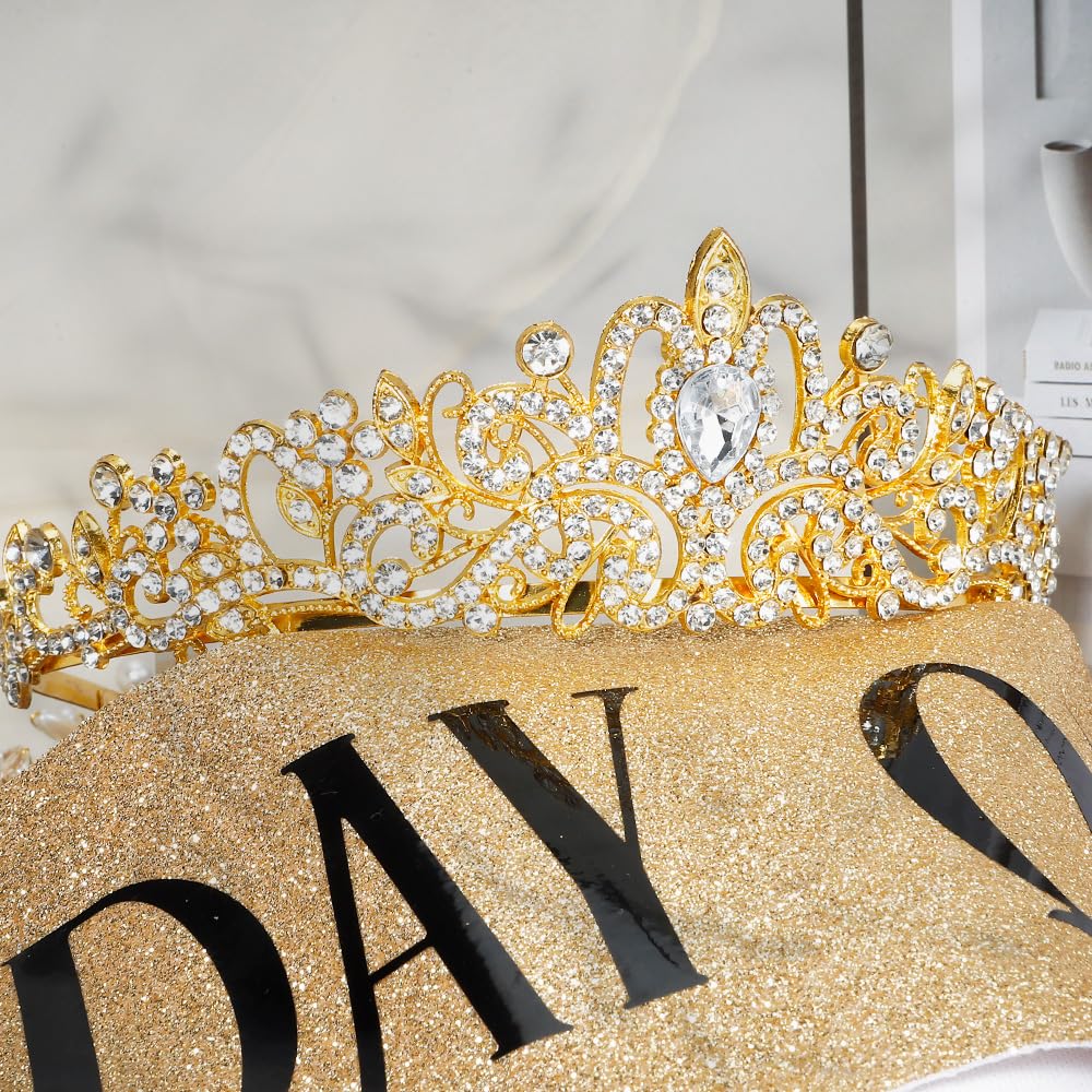 Birthday Queen Gold Sash and Gold Tiara with Rhinestones, New Amazon.com: CAVETEE Birthday Crown and Sash for Women - Rose  main image 3
