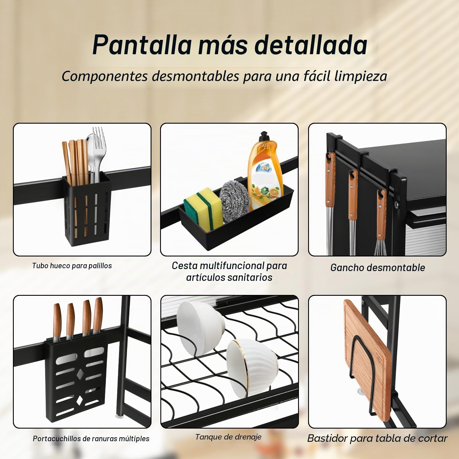 HUOLE Escurreplatos sobre Fregadero, Escurridor de Platos, Organizador Cocina, Estante de Secado de Platos de Acero Inoxidable de 3 Niveles, con Soporte para Utensilios, 65 * 30 * 78cm-Negro