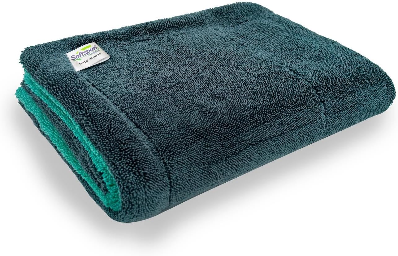 SOFTSPUN Microfiber Cloth for Car 1600 GSM 40x60 cms 1 Pc Aqua Blue/Grey | Twisted Loop Super Absorbent Towel - Edgeless Design with Plush Pile and Lint Free Cloth for Drying and Detailing.