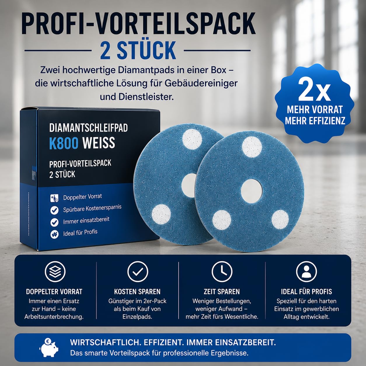 Profi Diamantpad K800 Weiß (2er Vorteilspack) – Blaues Diamantschleifpad für Einscheibenmaschinen | Zur Zwischenpolitur & Veredelung von Beton & Hartböden | Erhältlich in 13", 16", 17" & 20" (13 Zoll)