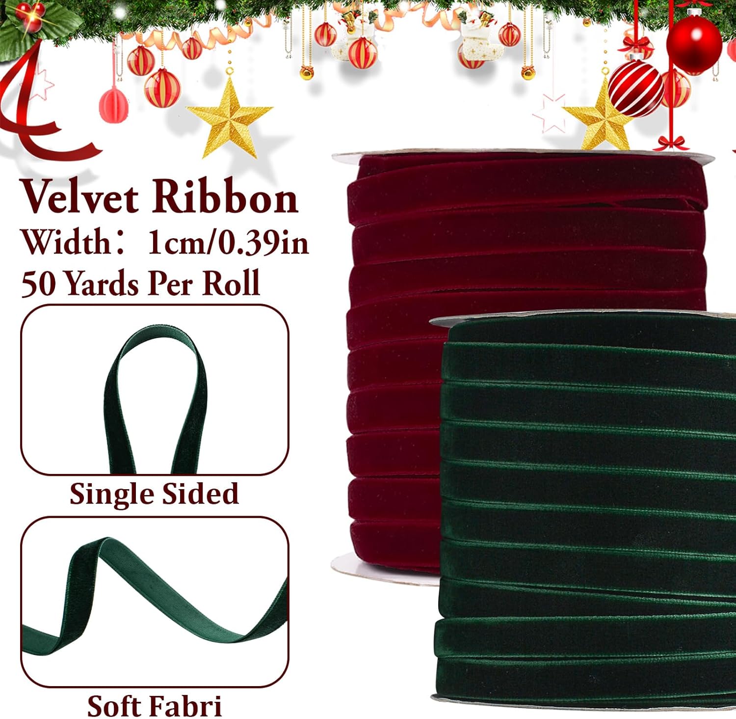 50Yds Per Roll Velvet Ribbon, 1cm Dark Red and Green Single Faced Velvet Ribbon Vintage Silk-Soft for Wedding Bouquet Christmas Decor