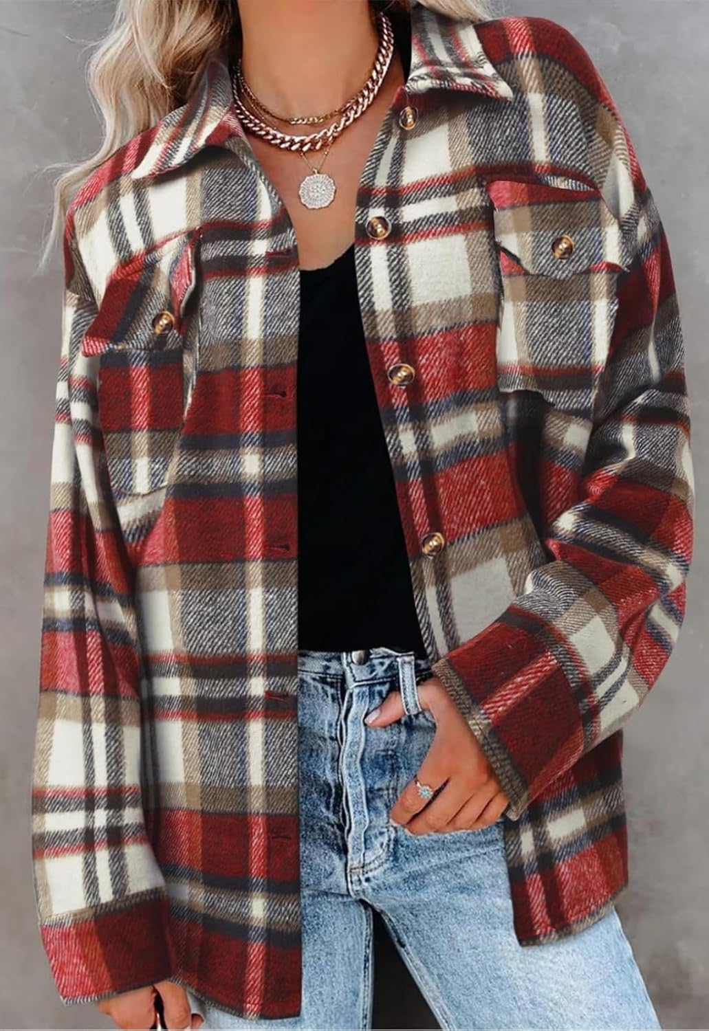 Women's Plaid Shacket Jacket Long Sleeve Button Down Shirt Outfits for Women - Image 3