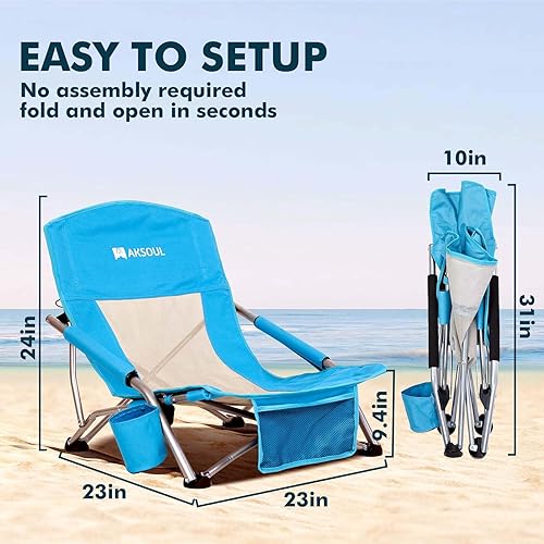 Miniatura 6 de AKSOUL Silla de playa plegable para adultos sillas de respaldo bajoalto con bolsa de transporte - Silla de asiento extra ancha con cómoda almohada y