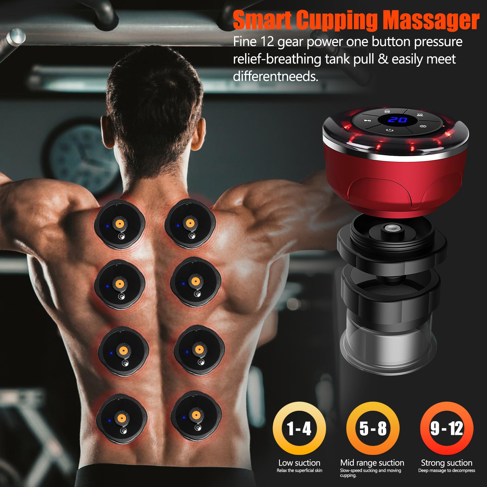 Set di coppettazione elettrica 4 in 1 con 8 coppette per massaggio anticellulite, 12 modalità di aspirazione, set di terapia intelligente dinamica per alleviare affaticamento, dolore muscolare e