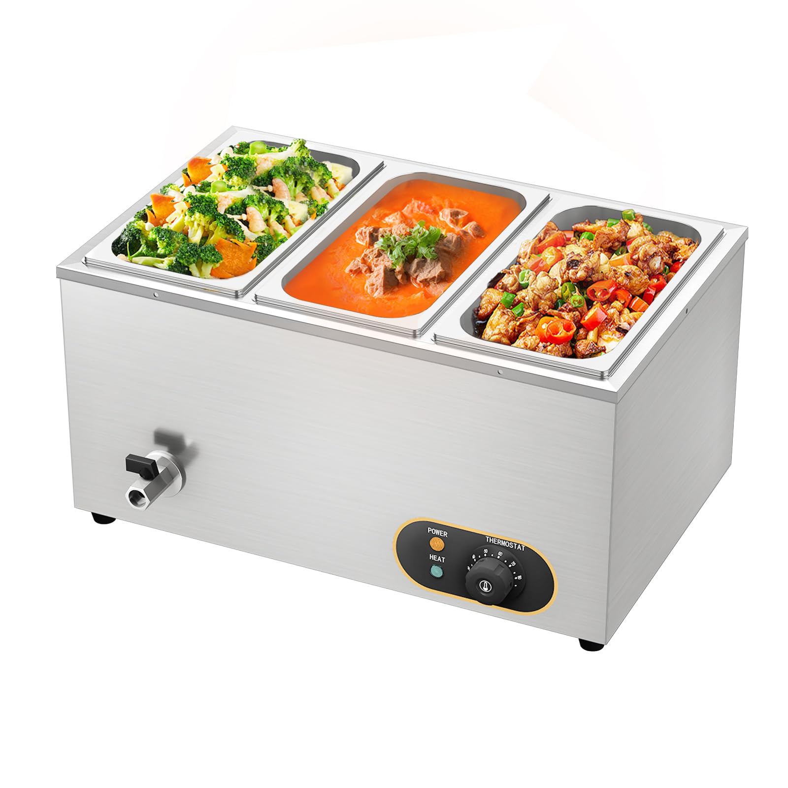Commercial Bain Marie, 1500W Electric Food Warmer Stainless Steel Steam Table Temperature Control with Covers, Drain Tap, GN 1/3 Containers -150mm x3 GN 1/3*3