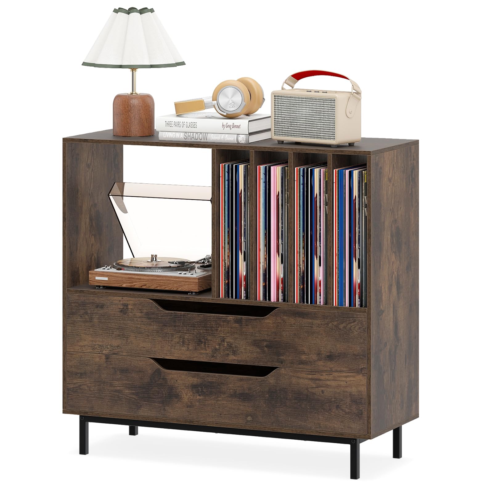 GOPLUS Meuble Platine Vinyle 4 Niveaux pour 300 Albums Disques, 91 x 36 x 87 CM, Support Tourne Disque Vinyle avec 2 Tiroirs, Compartiment Ouvert, Cadre Métal, Idéal pour Chambre, Salon, Studio (Café)