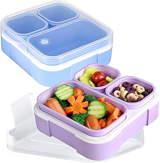 Genteen Small Kids Snack Containers for School 3 Compartment Travel Snack Containers with Dividers Portion Control Lunch box for Kids with Leak-proof Lids BPA Free (Purple + Blue)