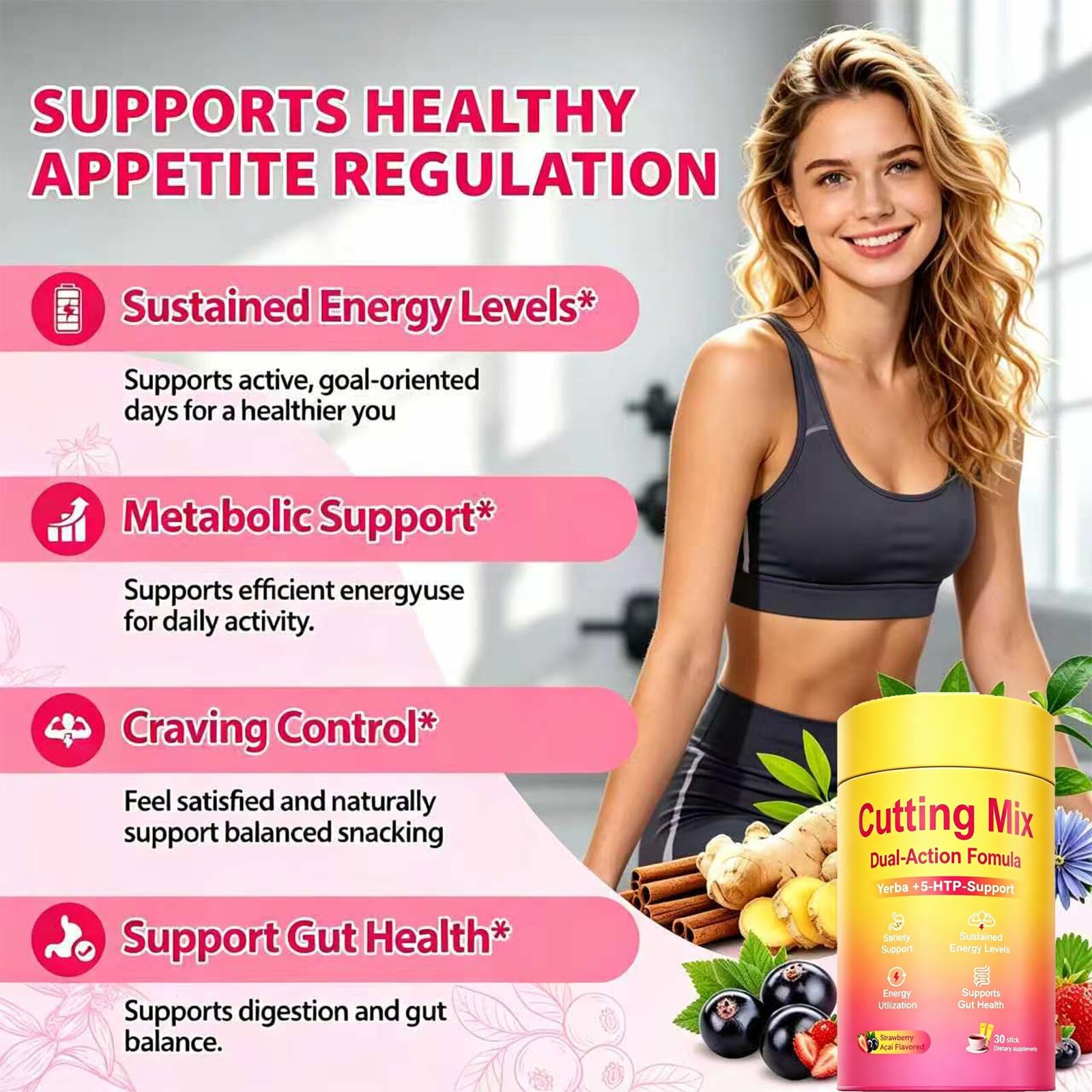 Cutting Mix Drink, Trimtaste Berberine & Yerba Mate Blend, Strawberry Açaí Flavor Daily Wellness Beverage Mix，30 Stick Packs