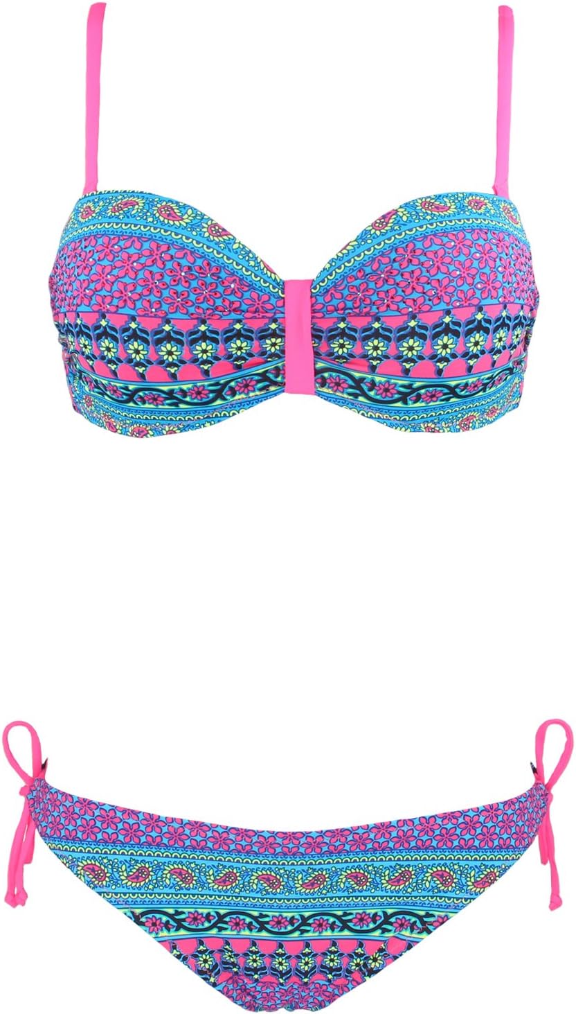 JingQi Womens Halter Push Up Stripe Bow Bandeau Bathing Suit Bikini(Multicolored,XL)