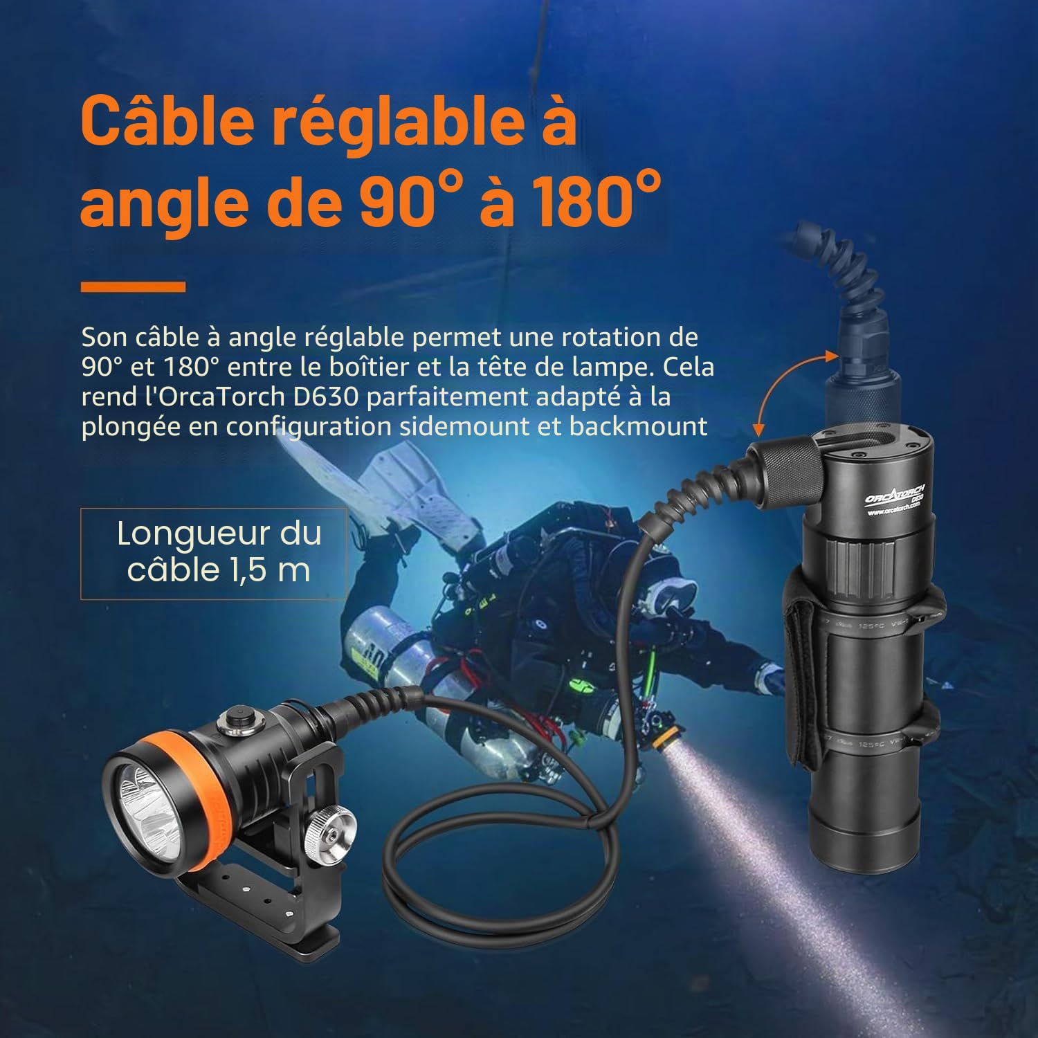 ORCATORCH D630 V2.0 Lampe Plongée Technique 4600 Lumens Spot 7° Plongée | Fixation Latérale Arrière, Câble Réglable 90–180°, IP68 Étanche, Poignée Goodman Incluse, Spéléologie Plongée Épave