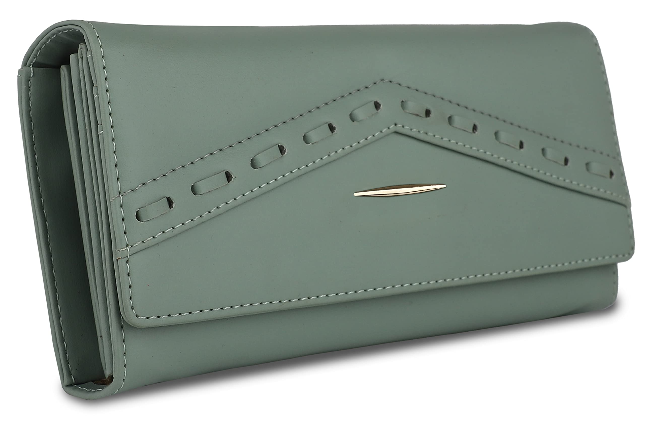 Women's and Girls Synthetic Faux Leather Wrist Two-fold Hand Clutch Cum Mobile Handbags Light Green-image-4