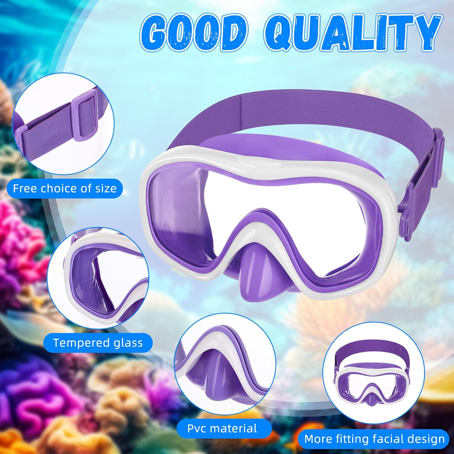 6 Pcs 180° Swim Goggles with Nose Cover for Kids Snorkel Diving Mask Elastic Fabric Strap for Ages 4-14