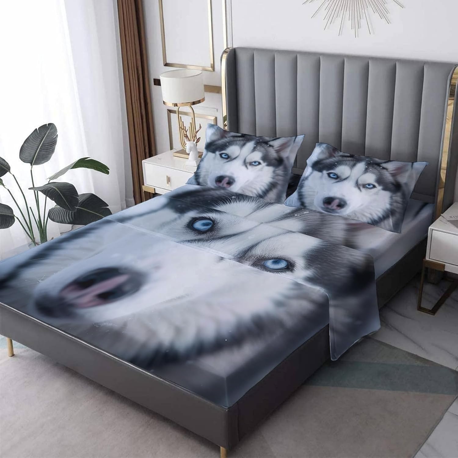 NOGAWA Husky Sheets King Size, Cute Dog Pet Puppy Bed Sheets, Patterned Bedding Sheets & Pillowcases 4 Piece Set - Soft Microfiber Deep Pocket Fitted Sheet & Flat Sheet & 2 Pillow Cases